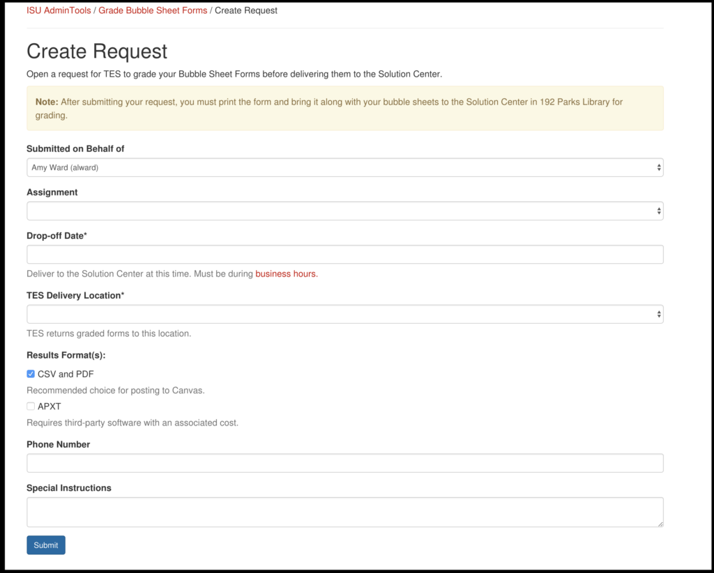 Create and submit the request for bubblesheets in Canvas at Iowa State