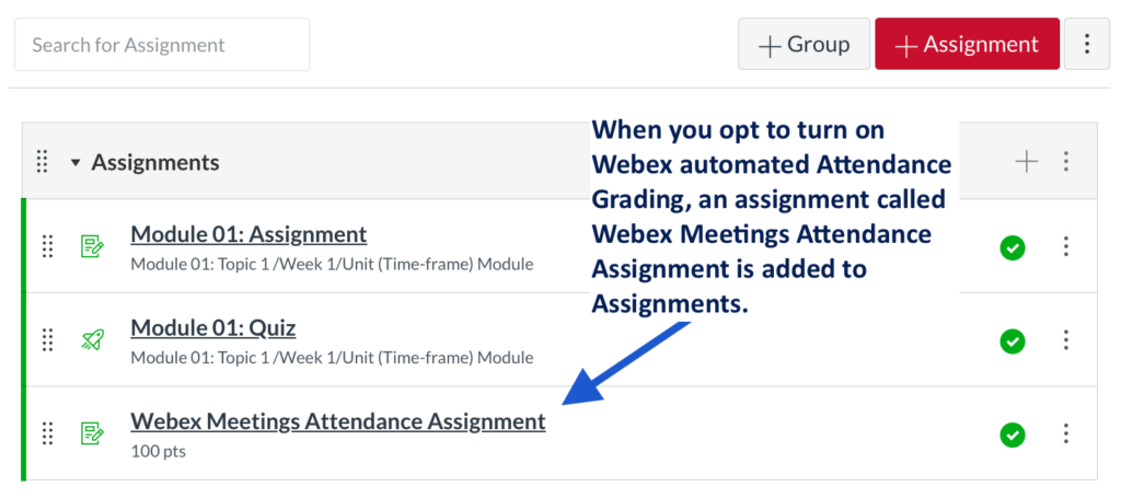 Canvas window that shows an automatically created Webex attendance assignment group
