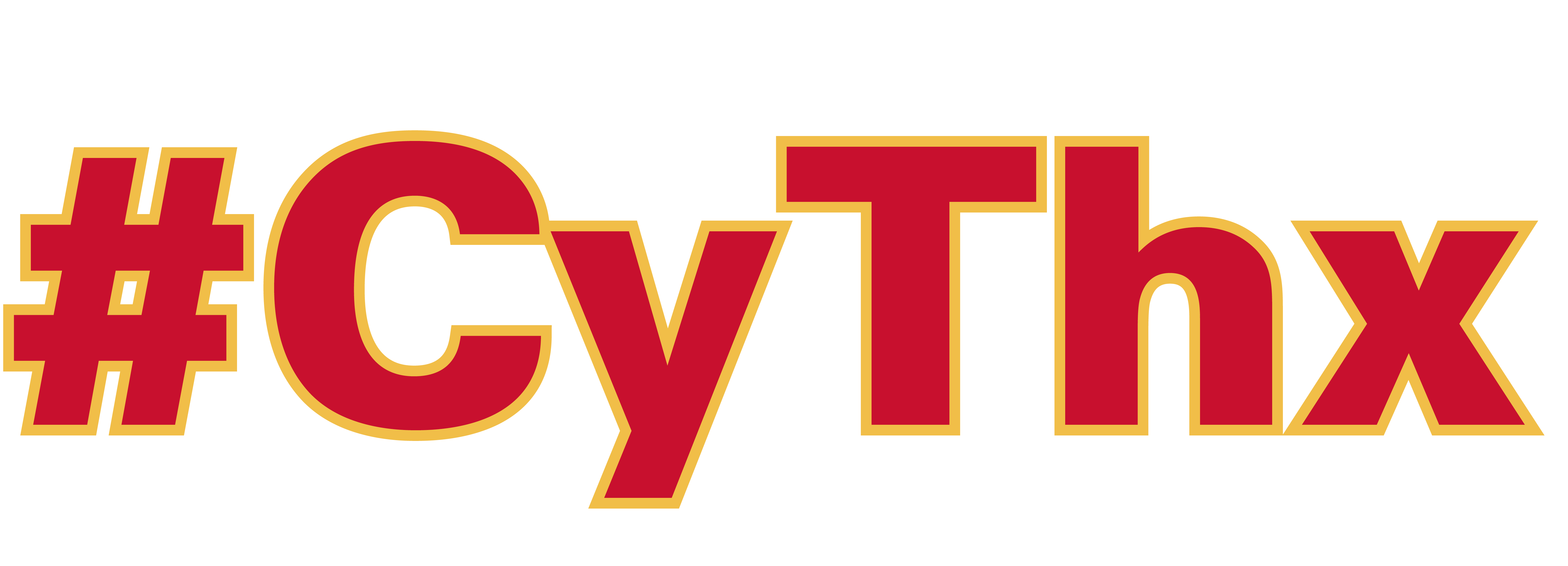 CyThx written in cardinal red font with gold outlines