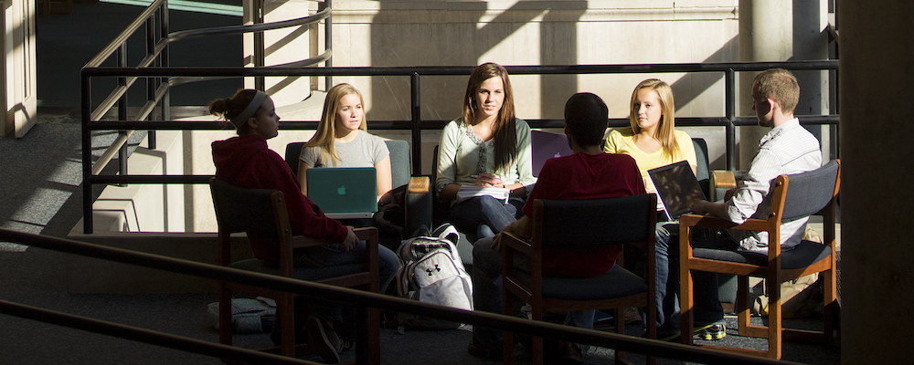 A group of students studying in Parks Library at Iowa State University