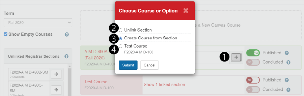 unlink section from course using mobile menu