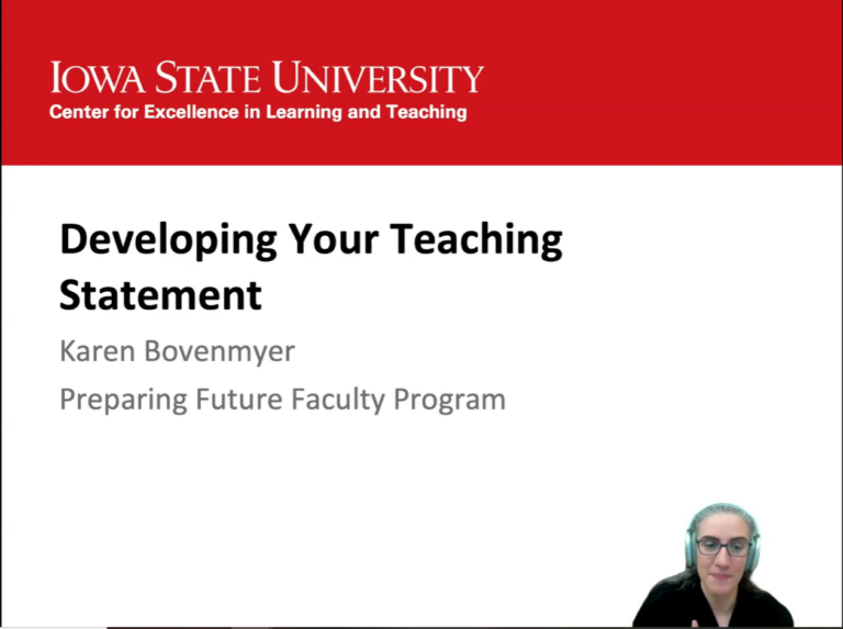 Screenshot of a presentation with Karen Bovenmyer in lower right corner with the background of an opening slide of a PowerPoint. The slide reads Developing Your Teaching Statement in black text.
