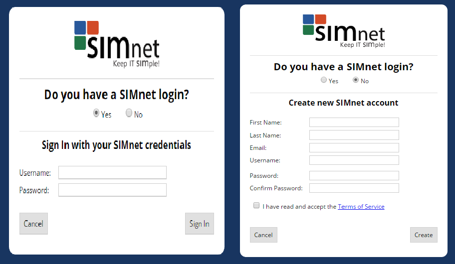 These are the two different log in screens that you would see displayed within SIMnet when logging in or creating a new account