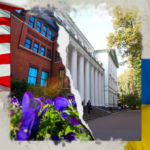 A picture of the American flag and the Ukrainian flag in the corners with a split photo in the middle featuring Morrill Hall and Nizhyn Gogol State University in Nizhyn, Ukraine.