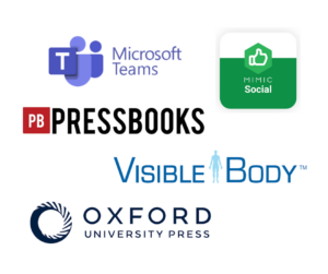 Logos of Microsoft teams, Pressbooks, Oxford University Press, Visible Body, and Stukent Mimic Social arranged in a group.