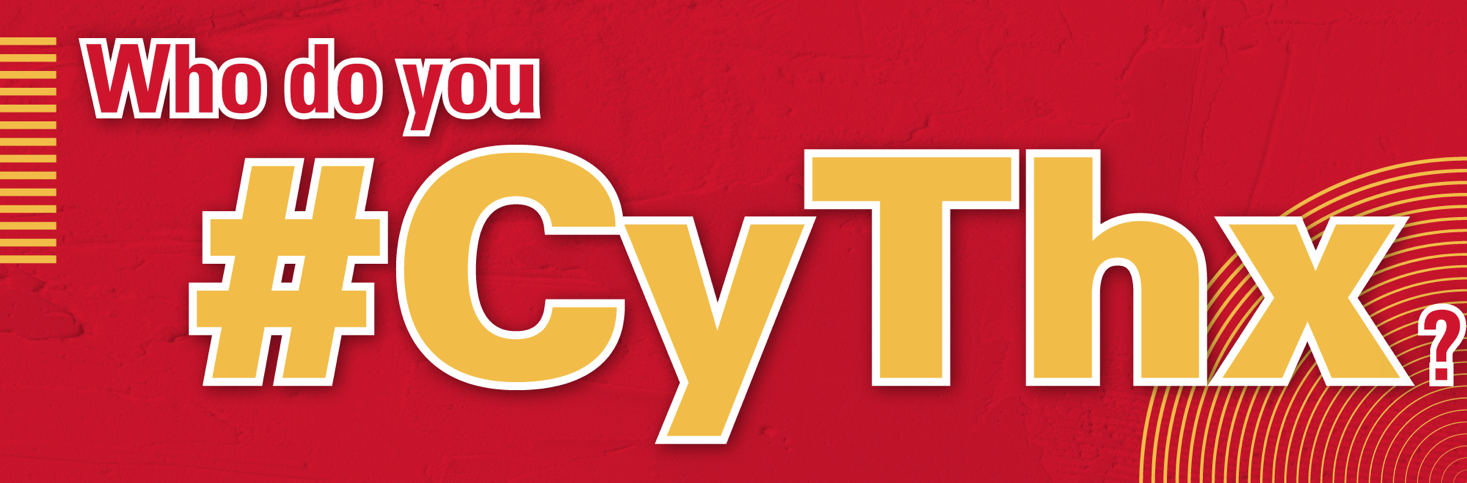 who do you #@Cythx written in gold and white lettering on a cardinal red banner