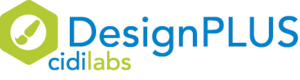 DesignPlus written in blue font with cidilabs written underneath it. There is a green paintbrush in a hexagon shape on the upper left corner.
