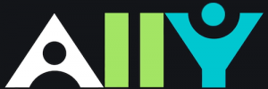 Ally written in white, green and teal lettering on a black background